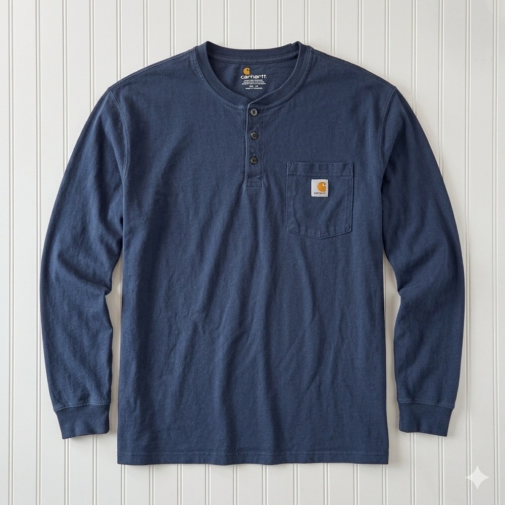 Carhartt Mens 2XL Navy Blue Long Sleeve Henley Pocket T-Shirt Original Fit